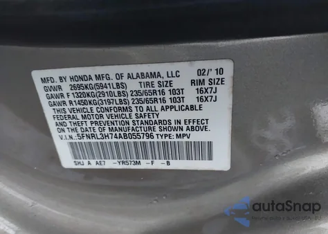 2010 Honda Odyssey Ex-L z USA, uszkodzony, nr VIN 5FNRL3H74AB055796
